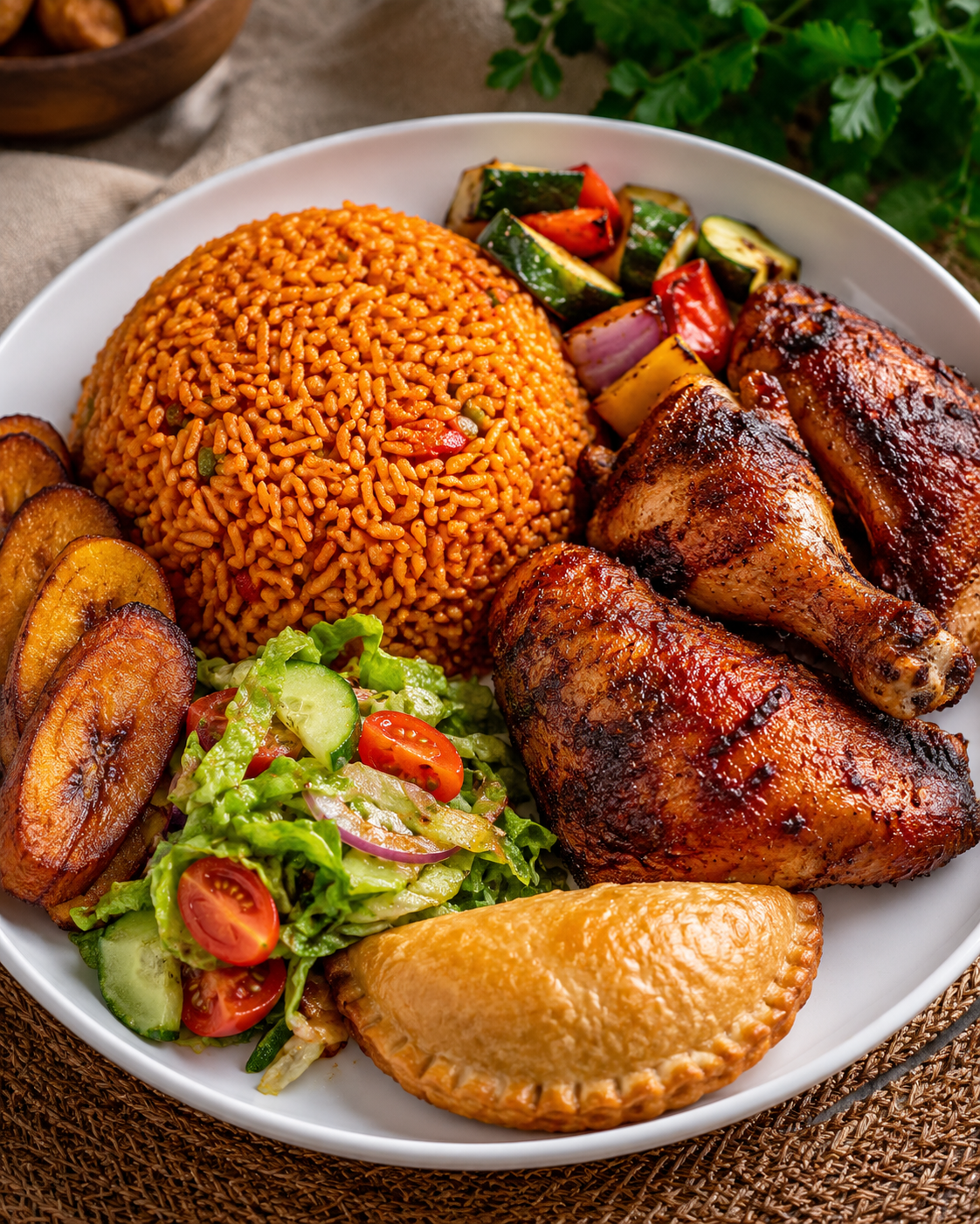 Herzhafter Jollof-Reisteller mit Beilagen