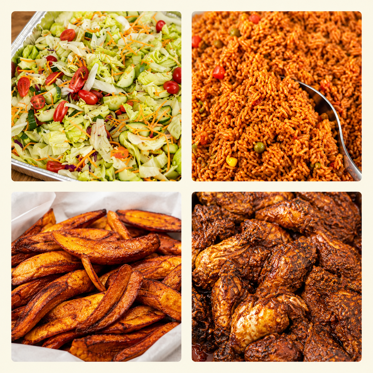 Meal combo with salad, jollof rice, plantain and chicken